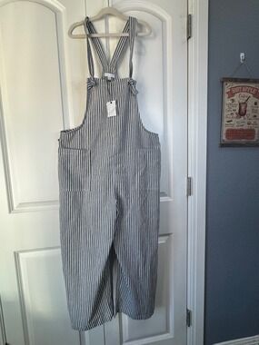 Miou Muse Striped Linen Blend Overalls With Adjustable Straps & Front Pockets -